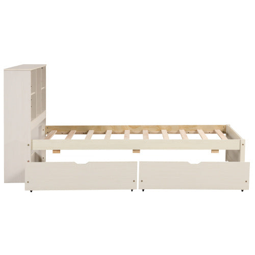 Modern Twin Size Bed Frame With Built-in USB Port On Bookcase