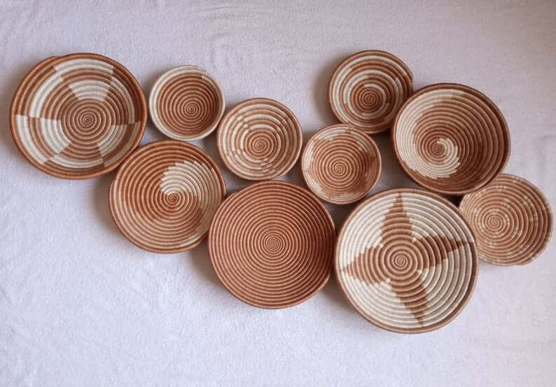Set of 10 Handwoven Wall baskets. Rwanda wall baskets / African wall