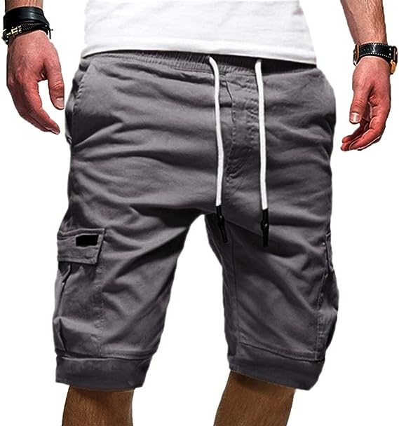 Men Casual Chino Cargo Shorts Elastic Waist Drawstring 6 Pockets