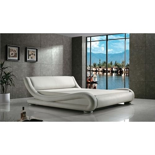 Queen Modern White Upholstered Platform Bed with Curved Sides &