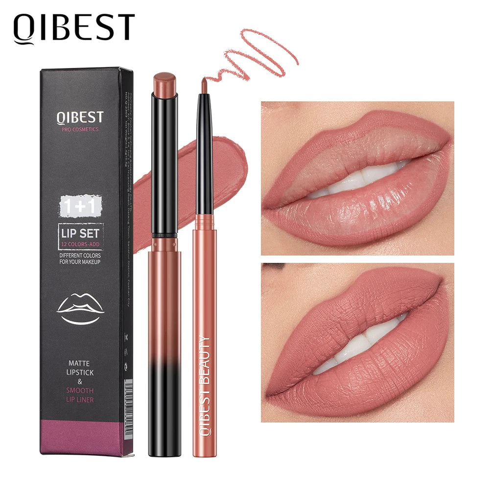 QIBEST 2pcs Lipstick Lipliner Pen Set Matte Nude Lip Liner Pencil