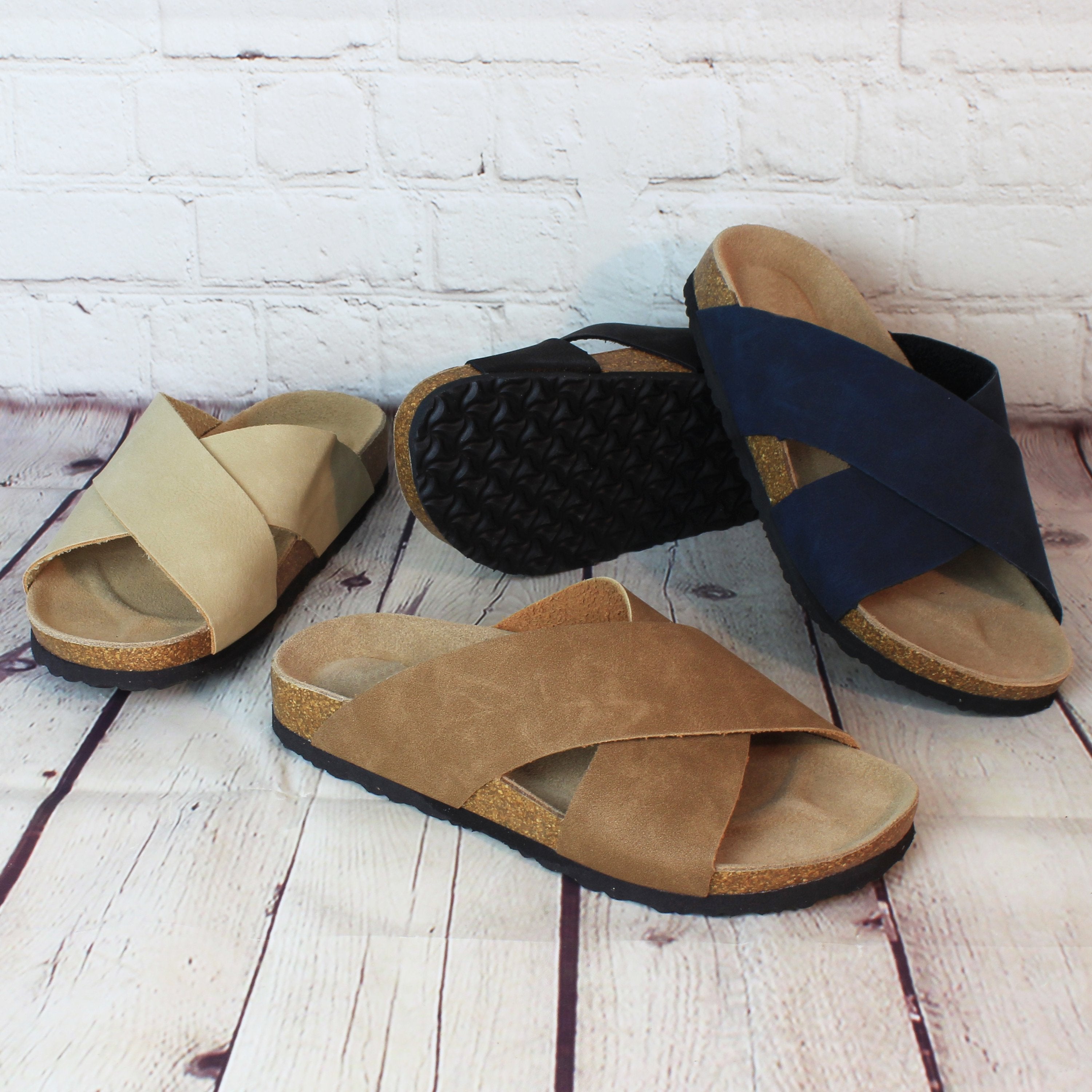 SOBEYO Classic Cork Sandals Criss-Cross Strap Slip On Black