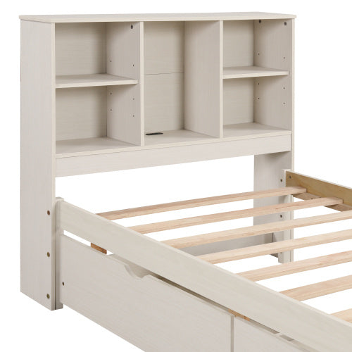 Modern Twin Size Bed Frame With Built-in USB Port On Bookcase
