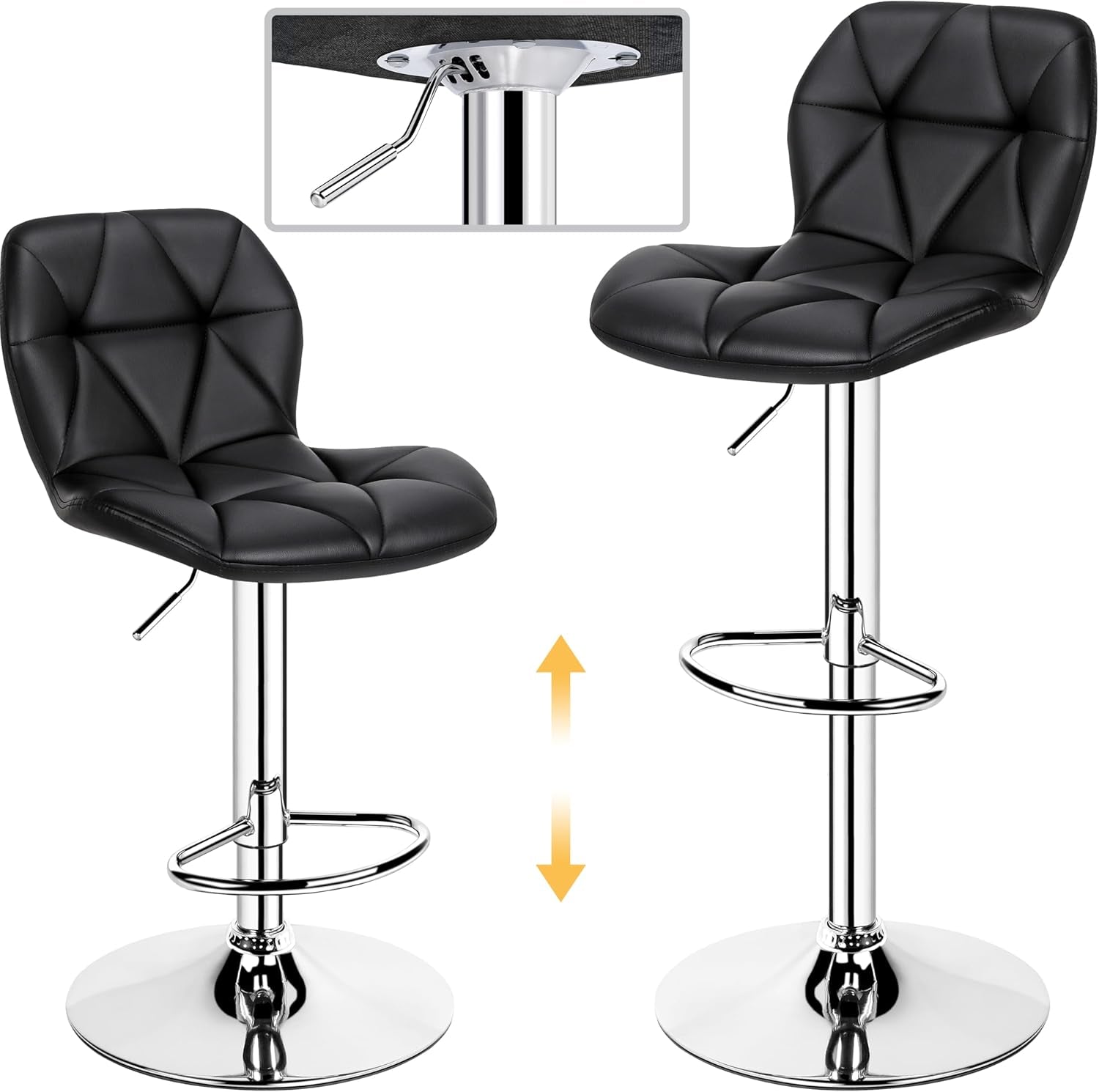 Bar Stools Set of 2, Modern Adjustable Kitchen Island Chairs, Black PU