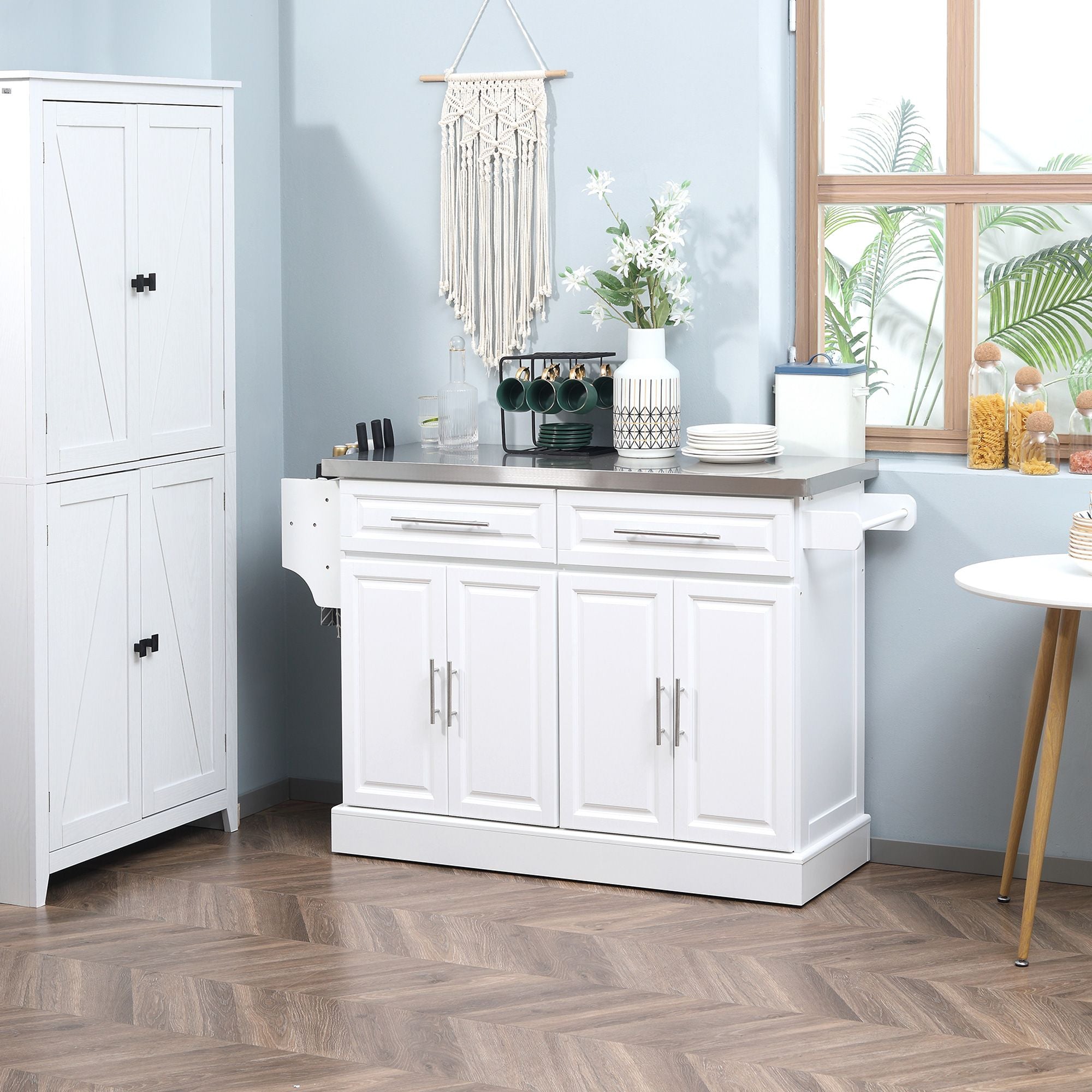 HOMCOM Portable Kitchen Cart, White, Rolling Island with Stainless