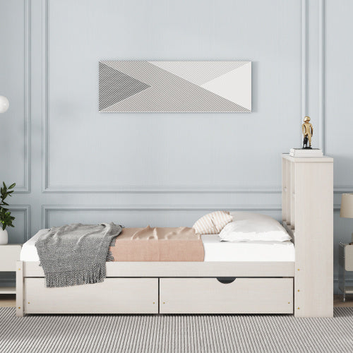 Modern Twin Size Bed Frame With Built-in USB Port On Bookcase