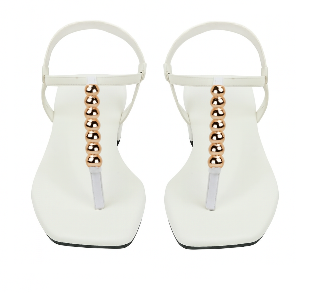 White T-Strap Flats with Gold Ball Embellishment (Size-8 UK)
