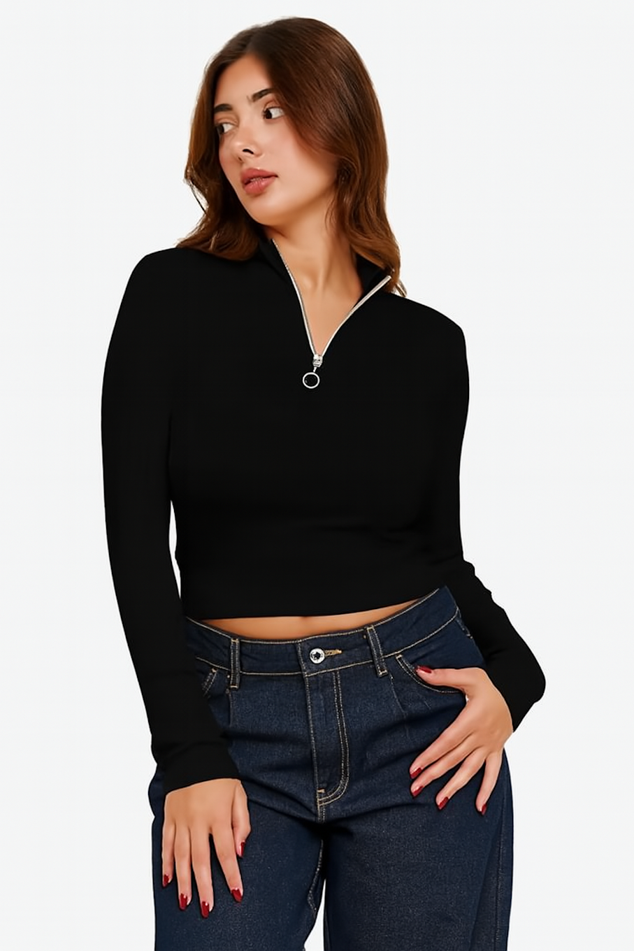 Long Sleeve Quarter Zip Crop Top-Black (Size-L)