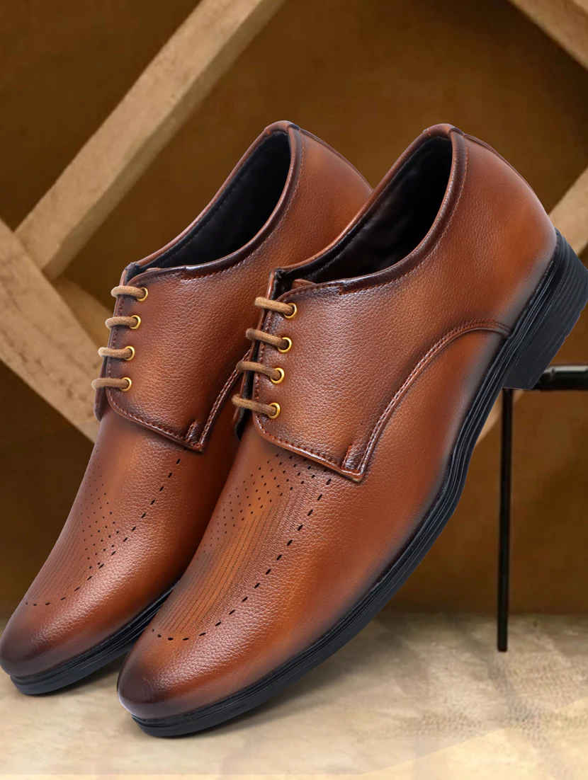 Tan Lace-Up Laser Cut Work Derby Shoes (Size-UK-8) (Color-BROWN)