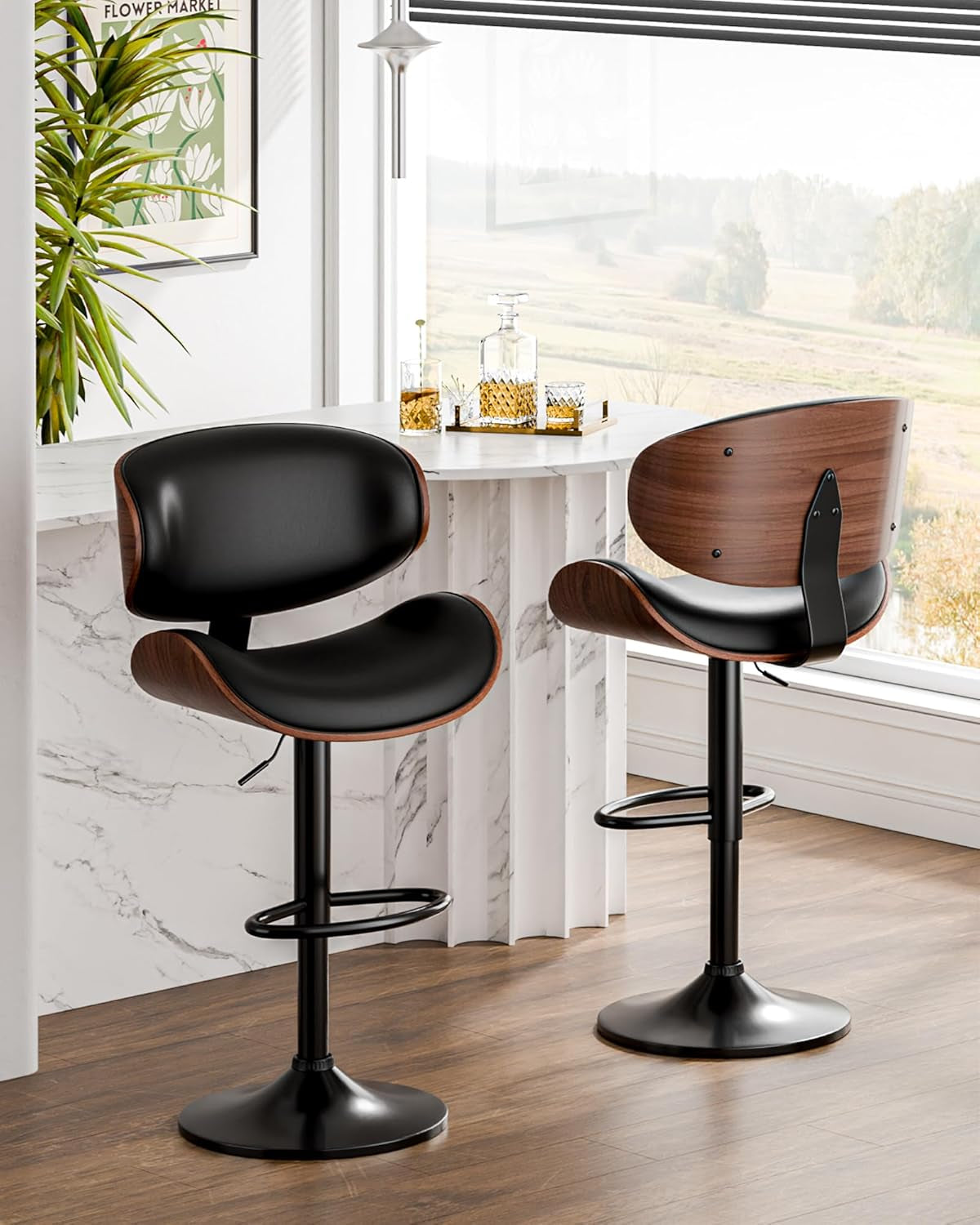 Bar Stools Set of 2, Adjustable Swivel Leather Bar Stools for Kitchen