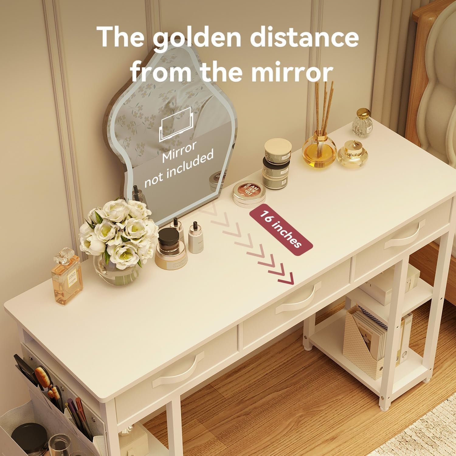 White Vanity Desk, Computer and Study Desk with Fabric Drawers & Side