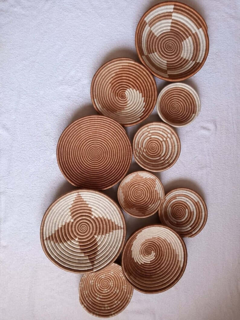 Set of 10 Handwoven Wall baskets. Rwanda wall baskets / African wall