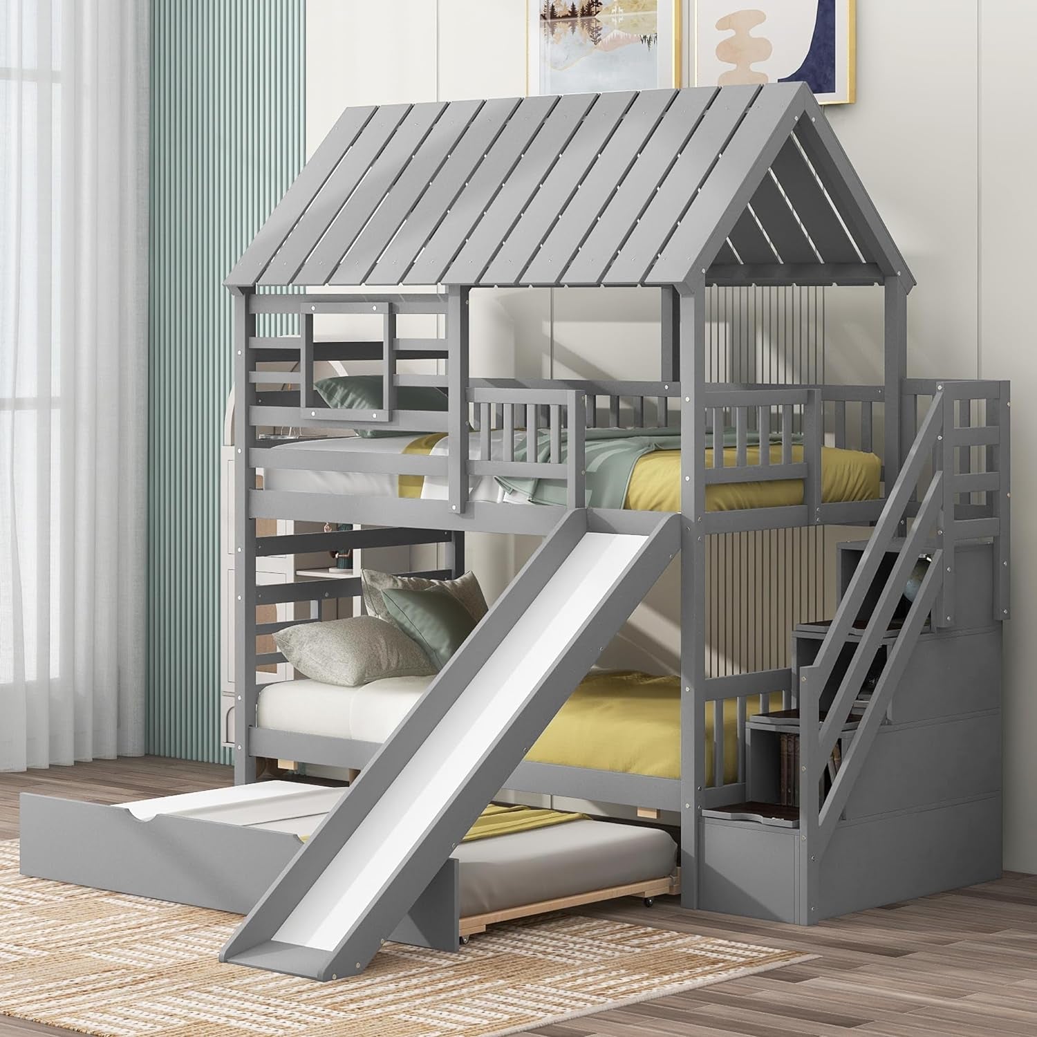 Kids Twin over Twin Bunk Beds with Slide and Trundle, Solid Wood Bunk
