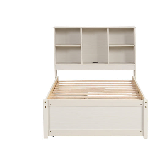 Modern Twin Size Bed Frame With Built-in USB Port On Bookcase