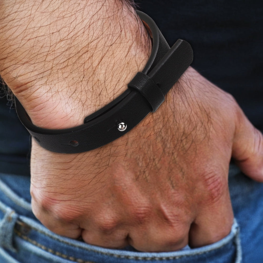 Engraved Black Leather Bracelet for Men Jewelry