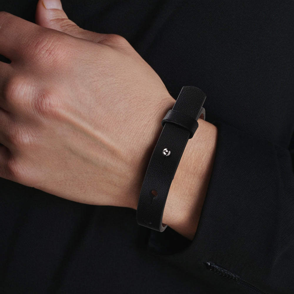 Engraved Black Leather Bracelet for Men Jewelry