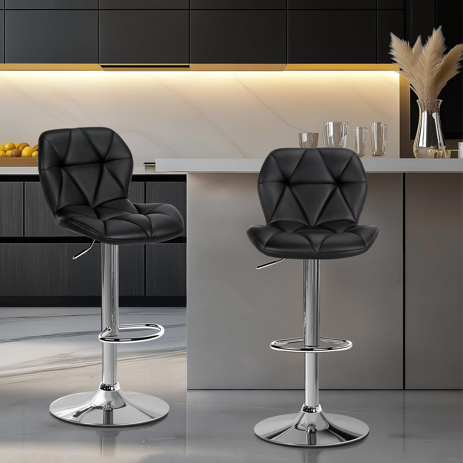 Bar Stools Set of 2, Modern Adjustable Kitchen Island Chairs, Black PU