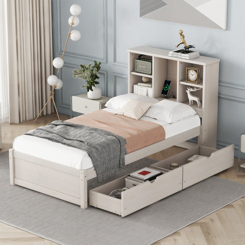 Modern Twin Size Bed Frame With Built-in USB Port On Bookcase
