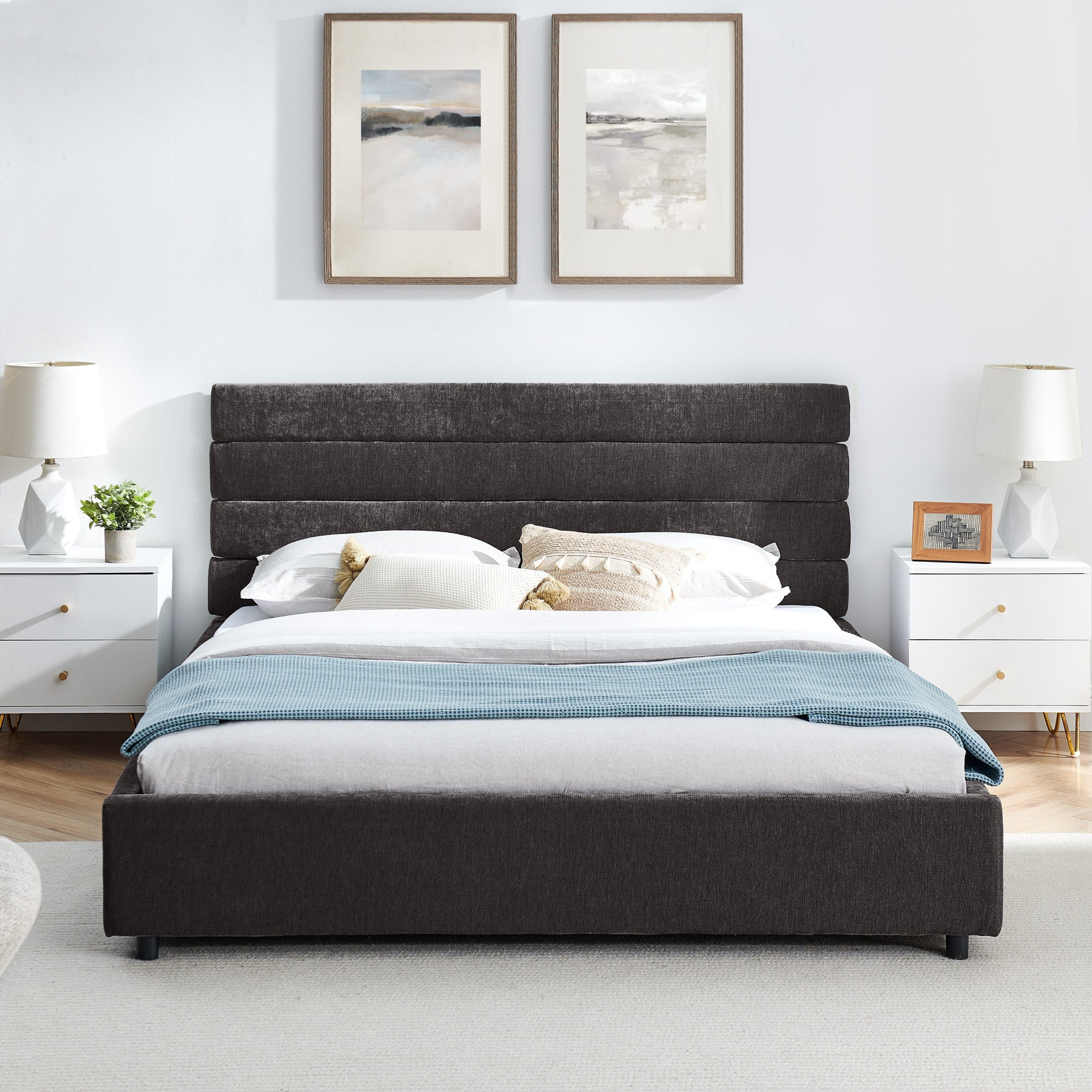 Queen size cushioned bed, comfortable cushioned bed frame, headboard