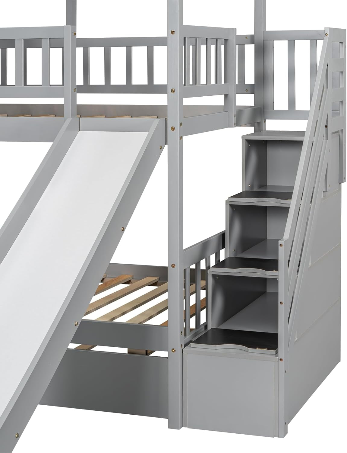 Kids Twin over Twin Bunk Beds with Slide and Trundle, Solid Wood Bunk