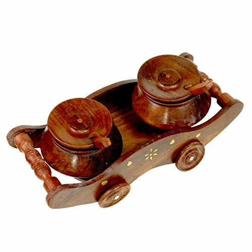 Sheesham Wood Handmade Mouth Freshner/Pickle Trolley With Two Bowls
