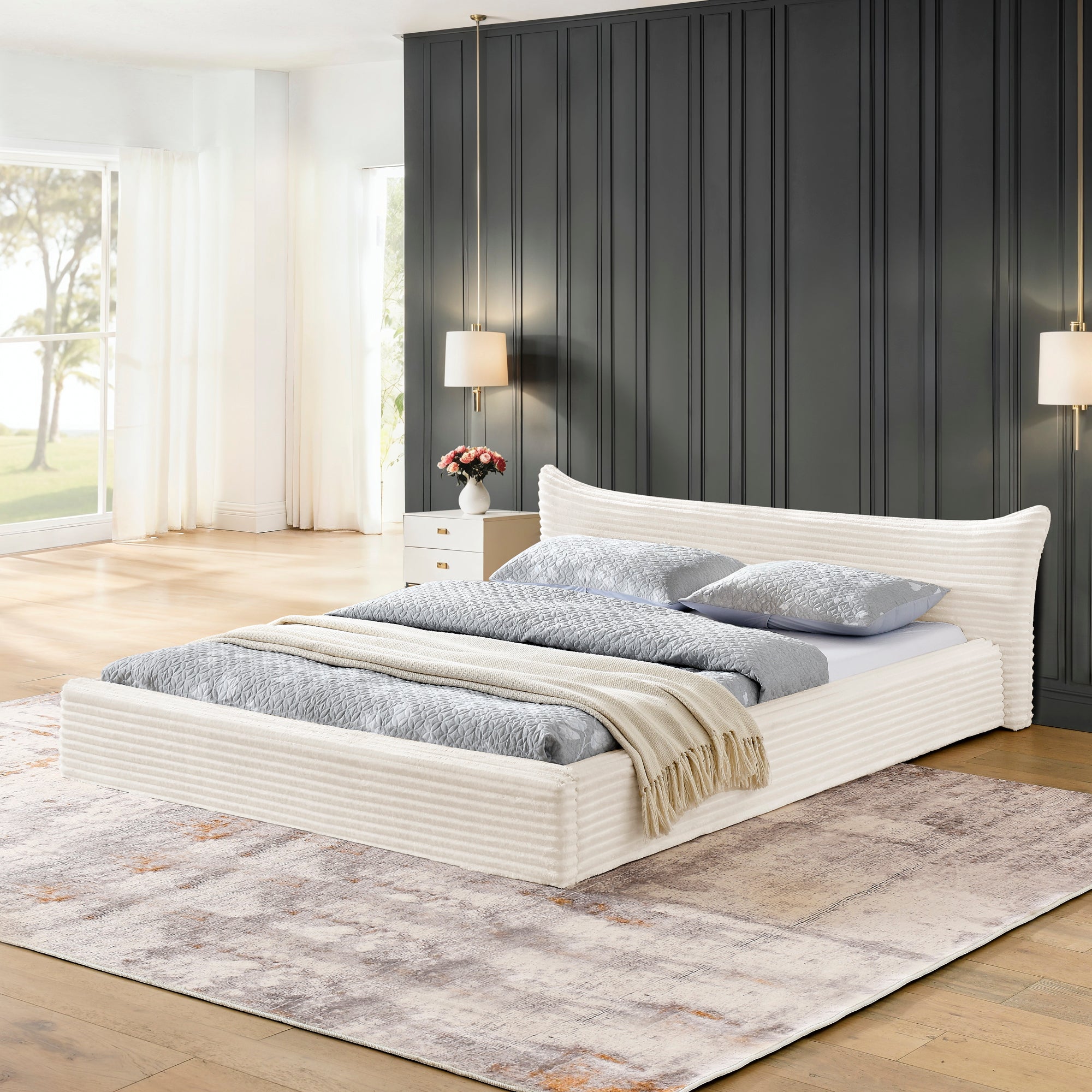 Modern Queen Size Upholstered Platform Bed Frame with Curved Headboard