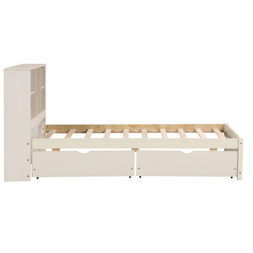 Modern Twin Size Bed Frame With Built-in USB Port On Bookcase