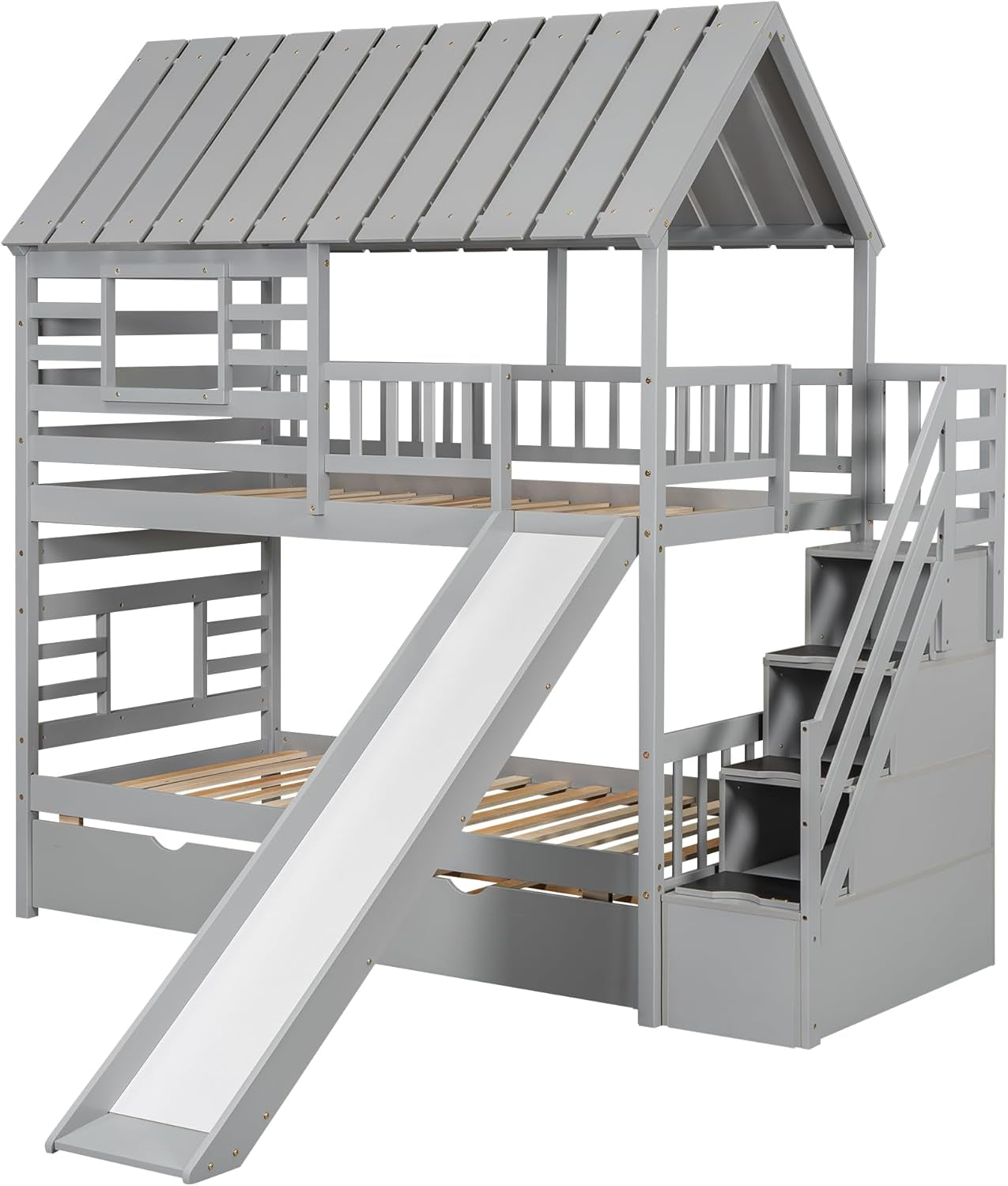 Kids Twin over Twin Bunk Beds with Slide and Trundle, Solid Wood Bunk