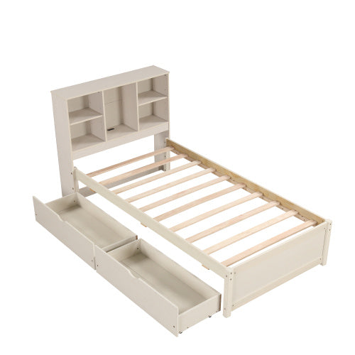 Modern Twin Size Bed Frame With Built-in USB Port On Bookcase