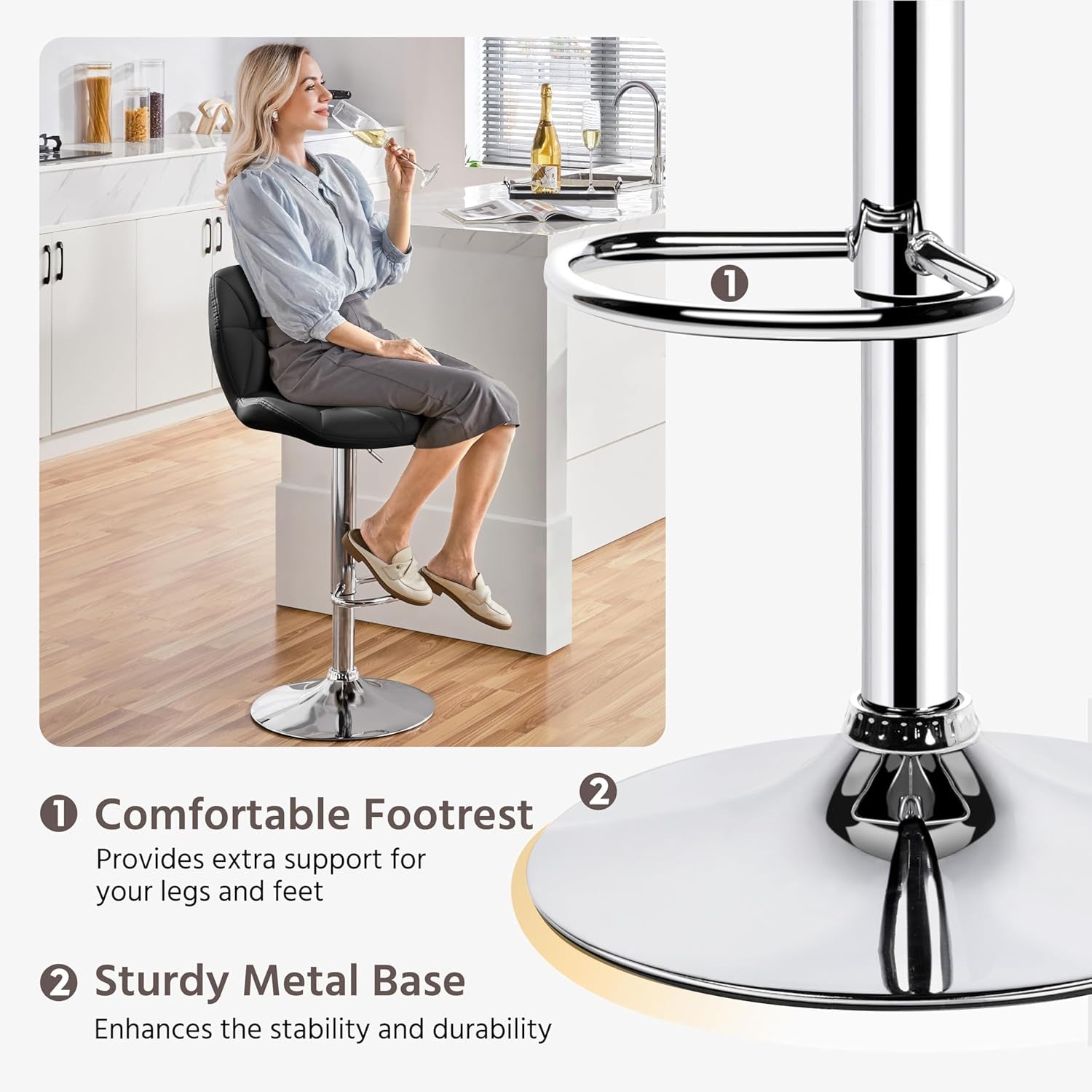 Bar Stools Set of 2, Modern Adjustable Kitchen Island Chairs, Black PU