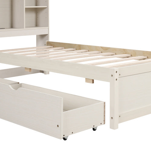 Modern Twin Size Bed Frame With Built-in USB Port On Bookcase