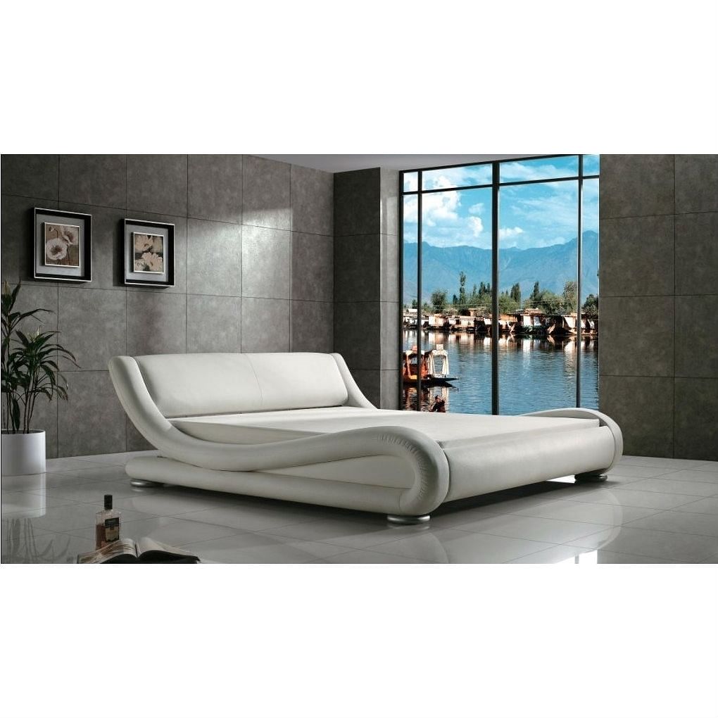 Queen Modern White Upholstered Platform Bed with Curved Sides &