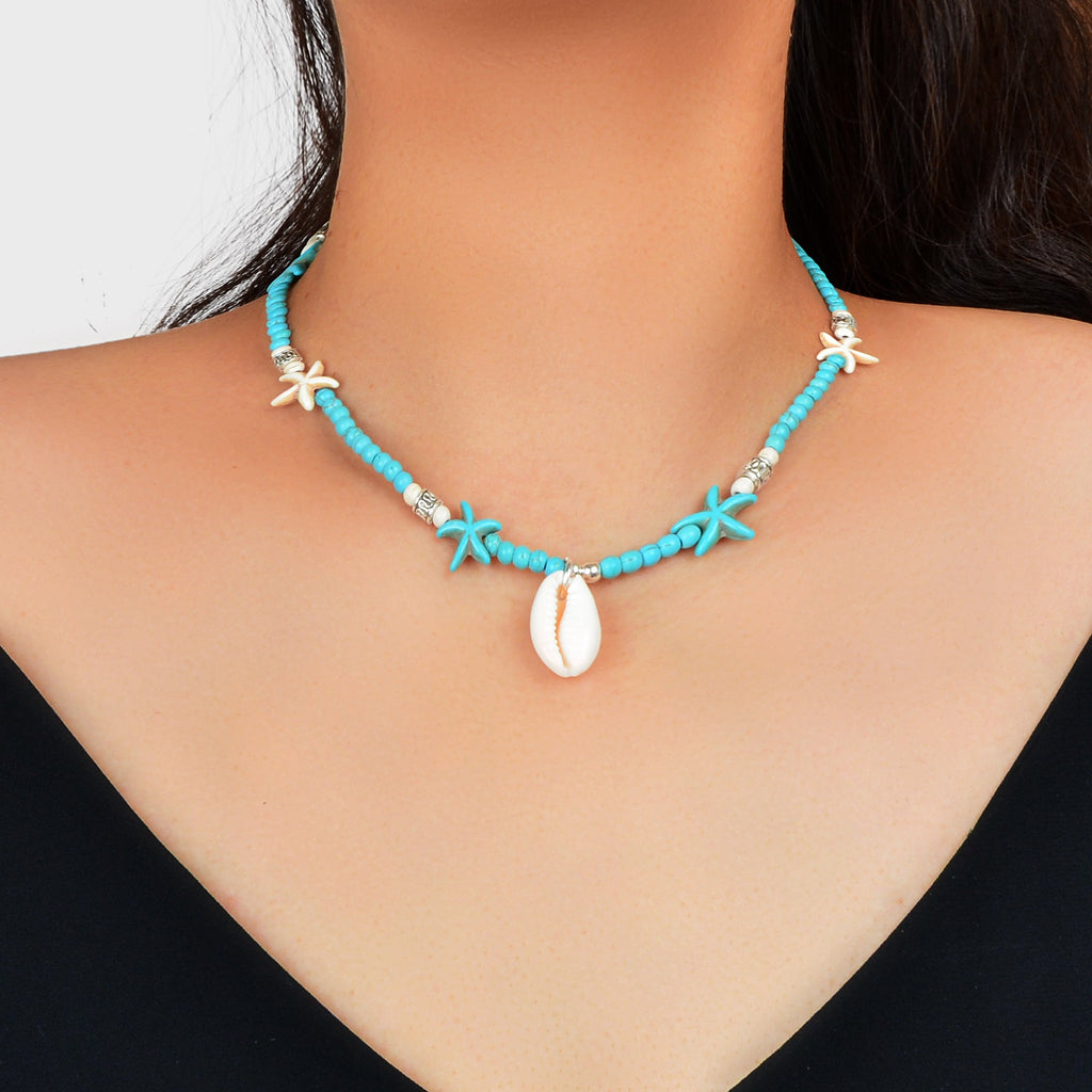 Sweet Jewellery Blue Colour Seed Beads Handmade Starfish Collar Short