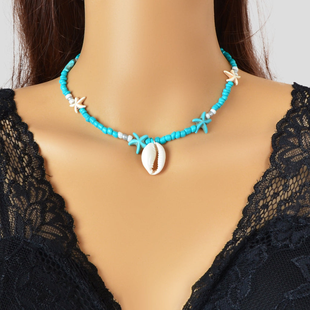 Sweet Jewellery Blue Colour Seed Beads Handmade Starfish Collar Short