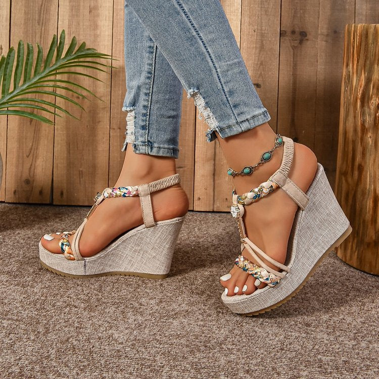 25 Edition – Rhinestone Hemp Wedge Sandals