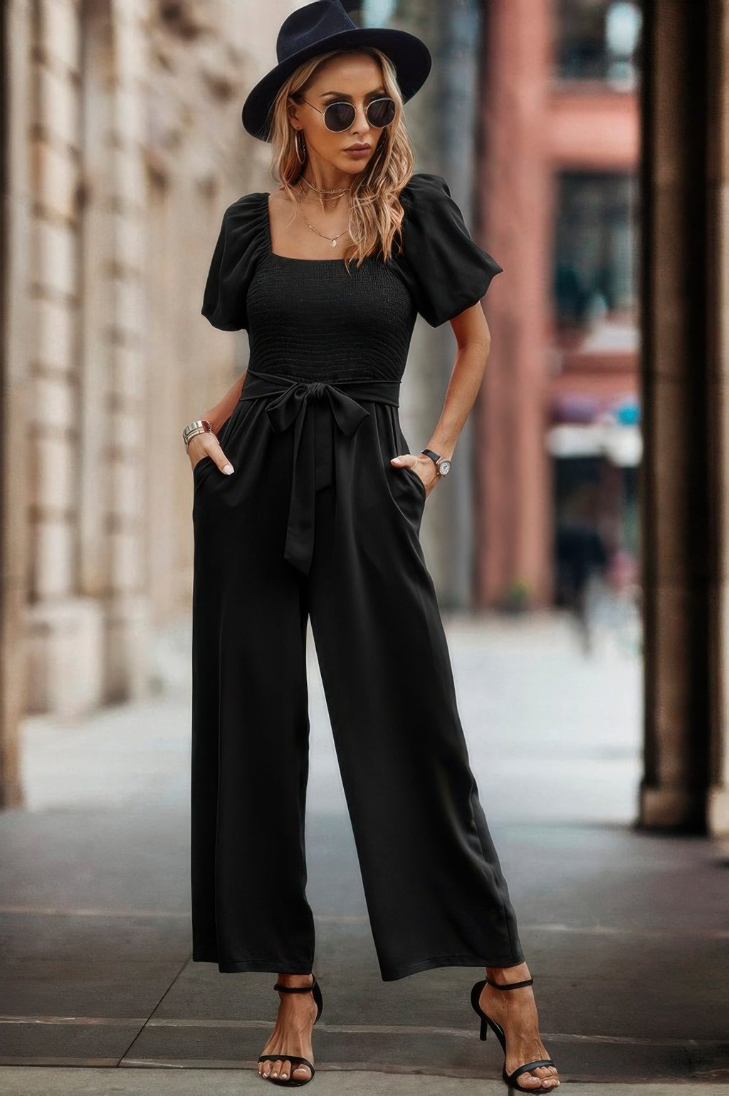 Square Neck Puff Sleeve Belted Fit Jumpsuit