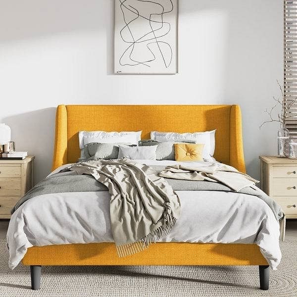 Queen Size Yellow Linen Blend Upholstered Platform Bed with Wingback