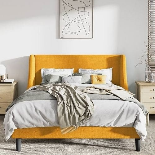 Queen Size Yellow Linen Blend Upholstered Platform Bed with Wingback