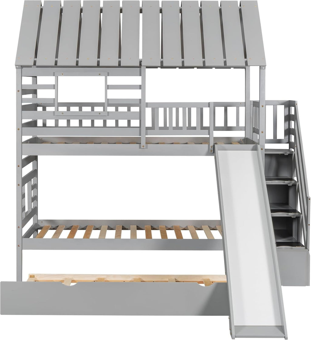 Kids Twin over Twin Bunk Beds with Slide and Trundle, Solid Wood Bunk