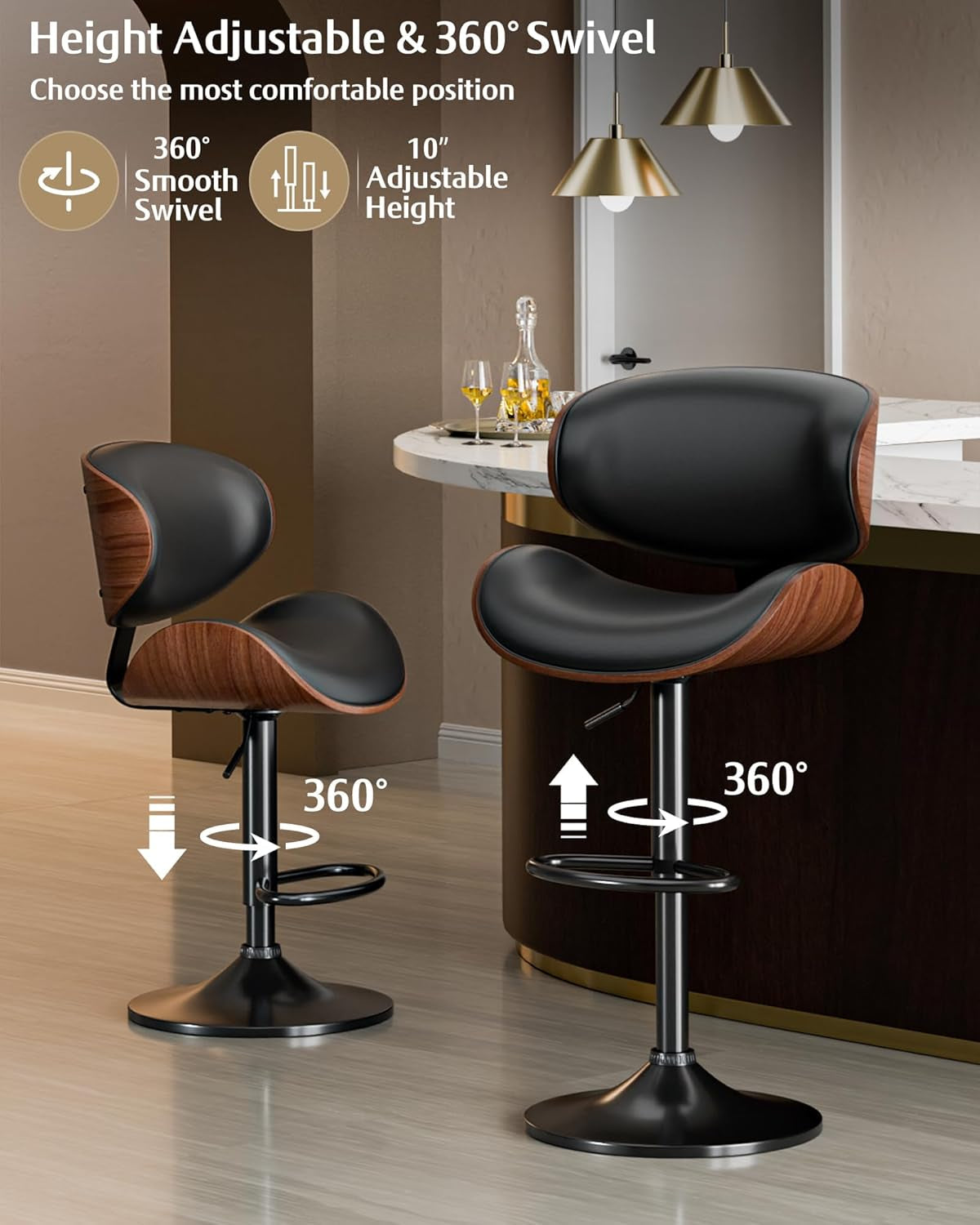 Bar Stools Set of 2, Adjustable Swivel Leather Bar Stools for Kitchen