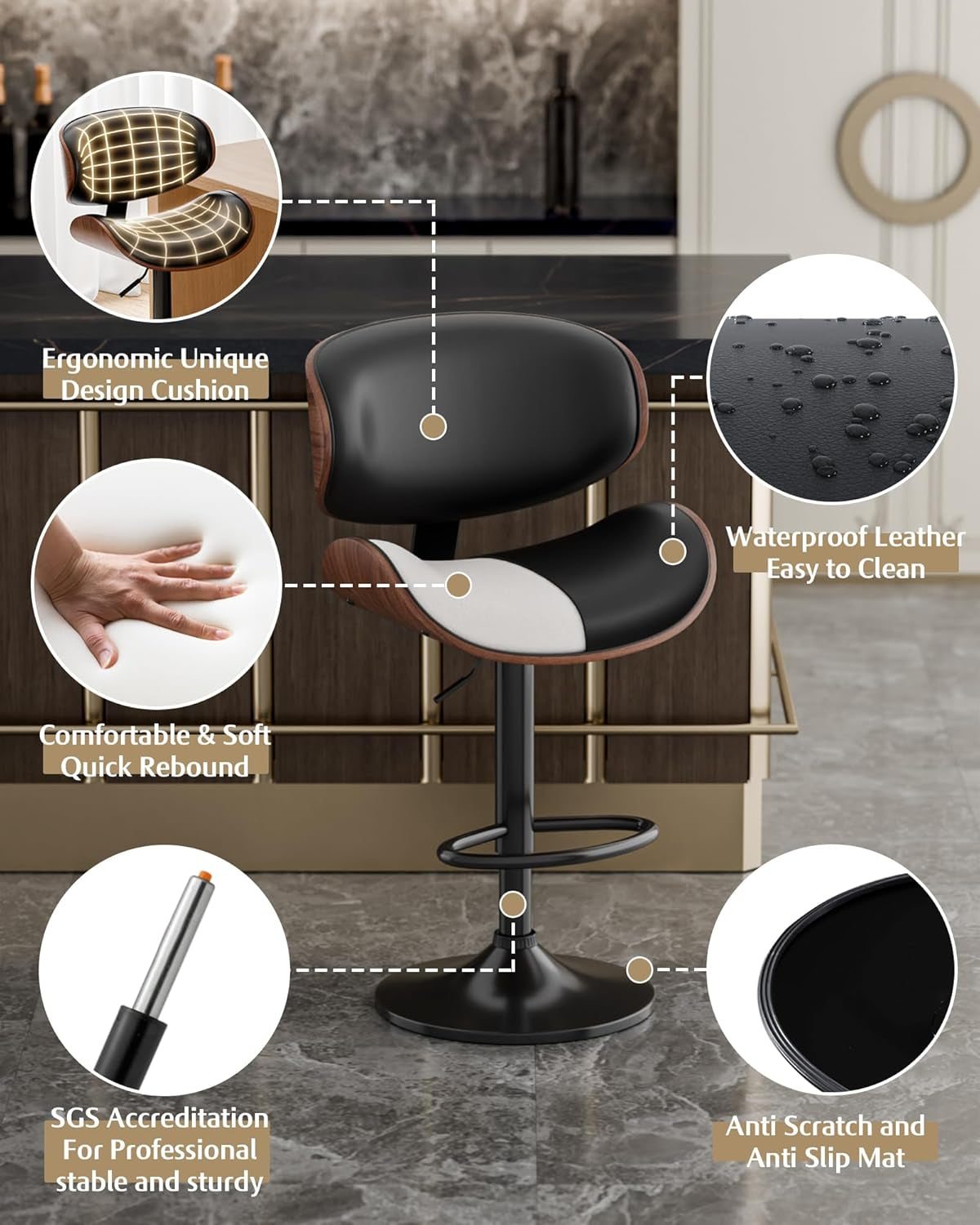 Bar Stools Set of 2, Adjustable Swivel Leather Bar Stools for Kitchen