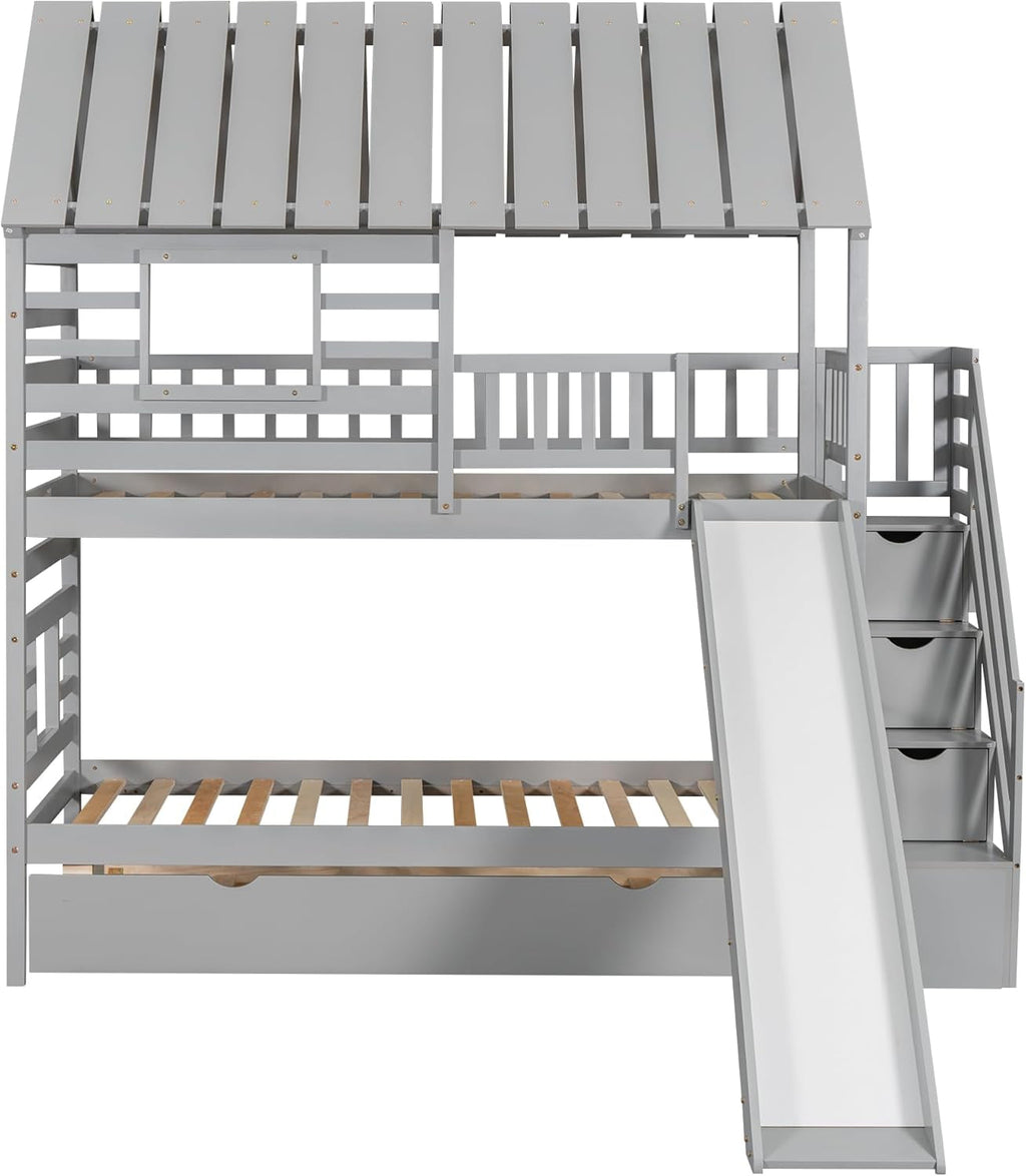 Kids Twin over Twin Bunk Beds with Slide and Trundle, Solid Wood Bunk