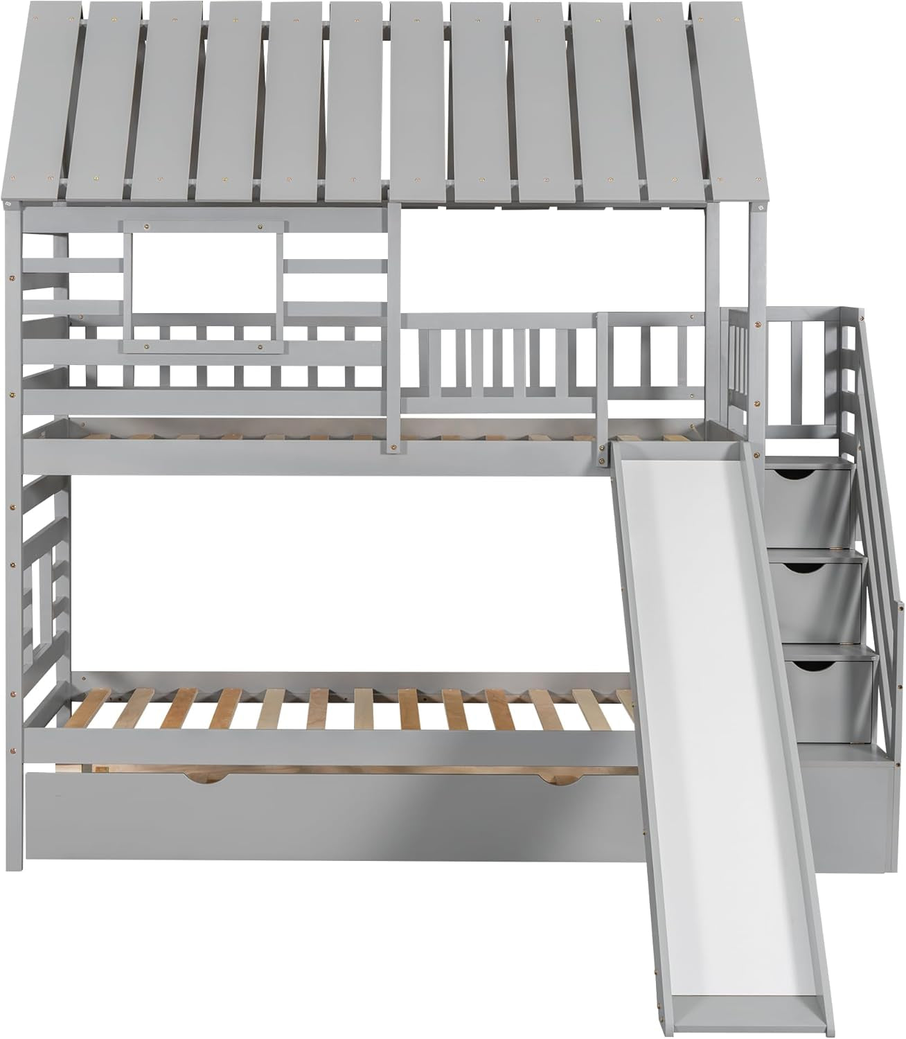 Kids Twin over Twin Bunk Beds with Slide and Trundle, Solid Wood Bunk