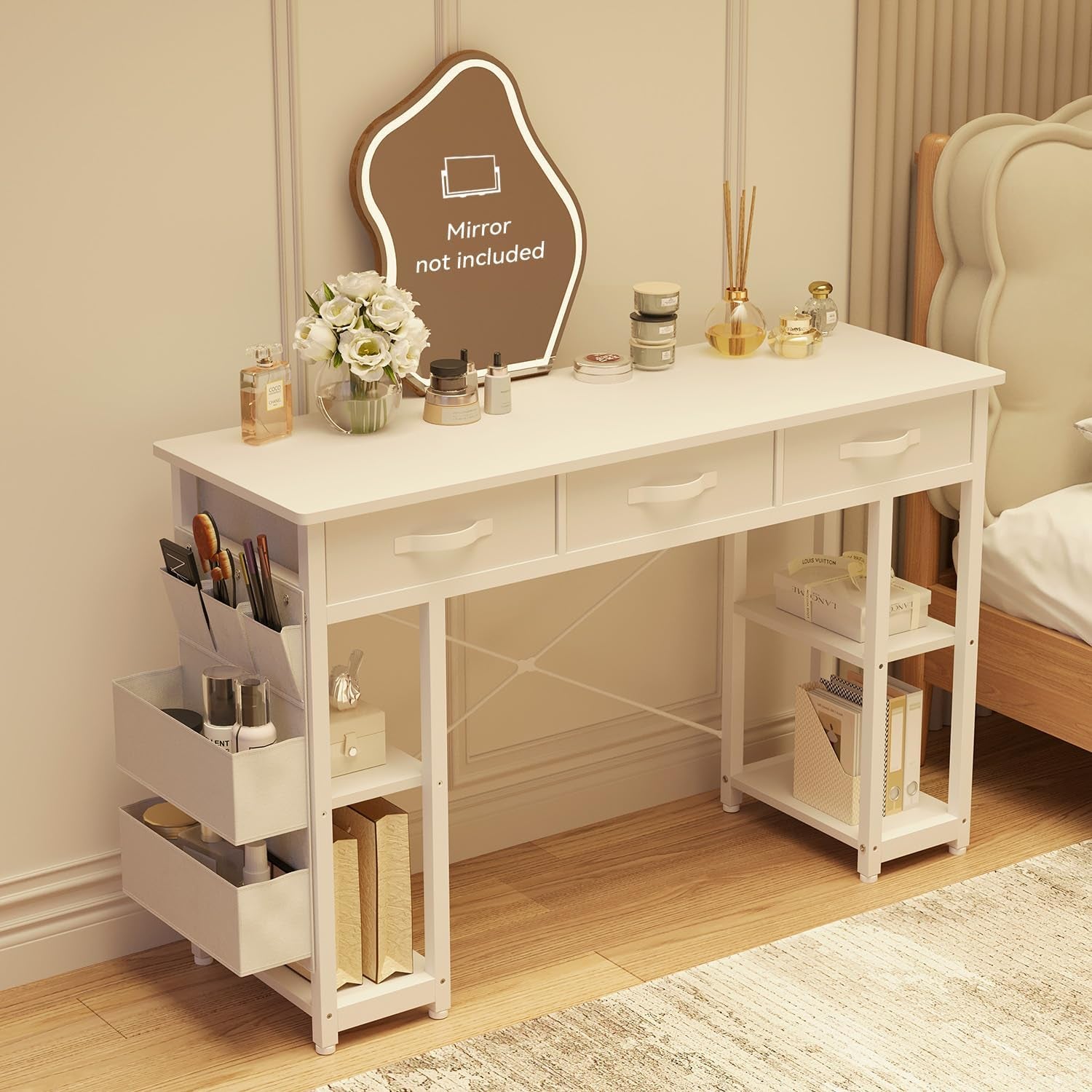 White Vanity Desk, Computer and Study Desk with Fabric Drawers & Side