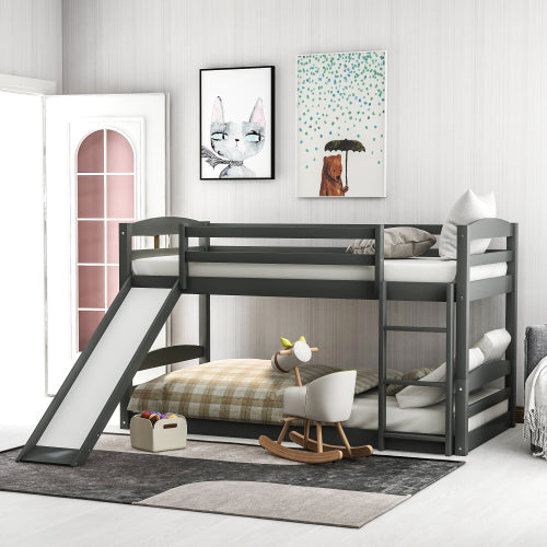 Twin over Twin Low Bunk Bed with Slide and Ladder