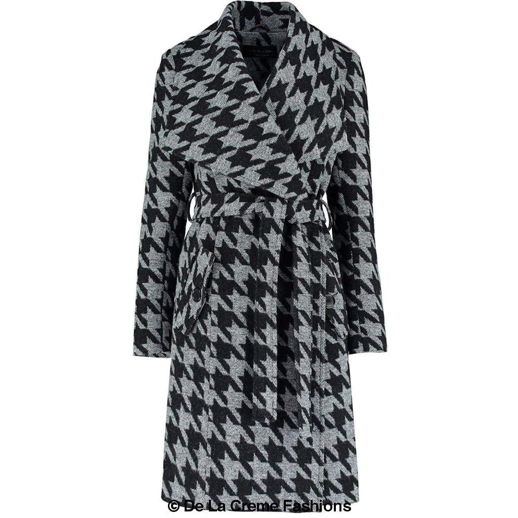 De La Creme - Womens Dogtooth Grey Duster Coat