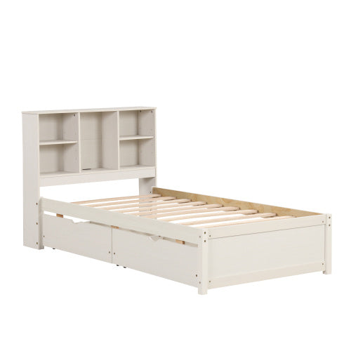 Modern Twin Size Bed Frame With Built-in USB Port On Bookcase