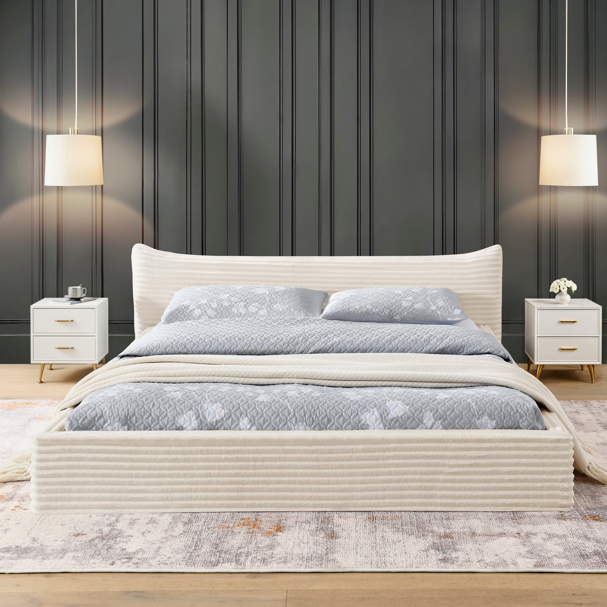 Modern Queen Size Upholstered Platform Bed Frame with Curved Headboard