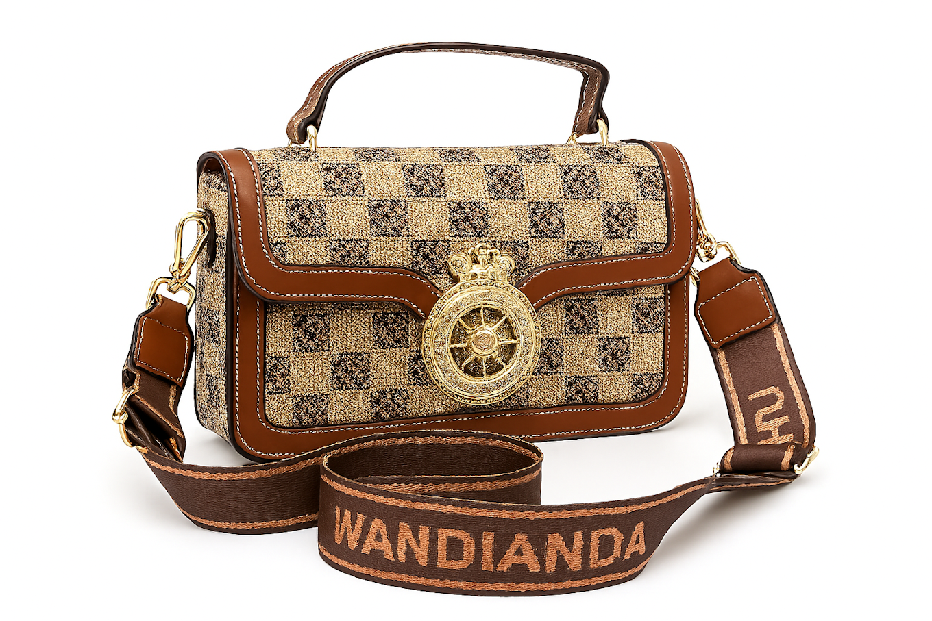 Vintage Checkered Handbag with Gold Emblem Detail