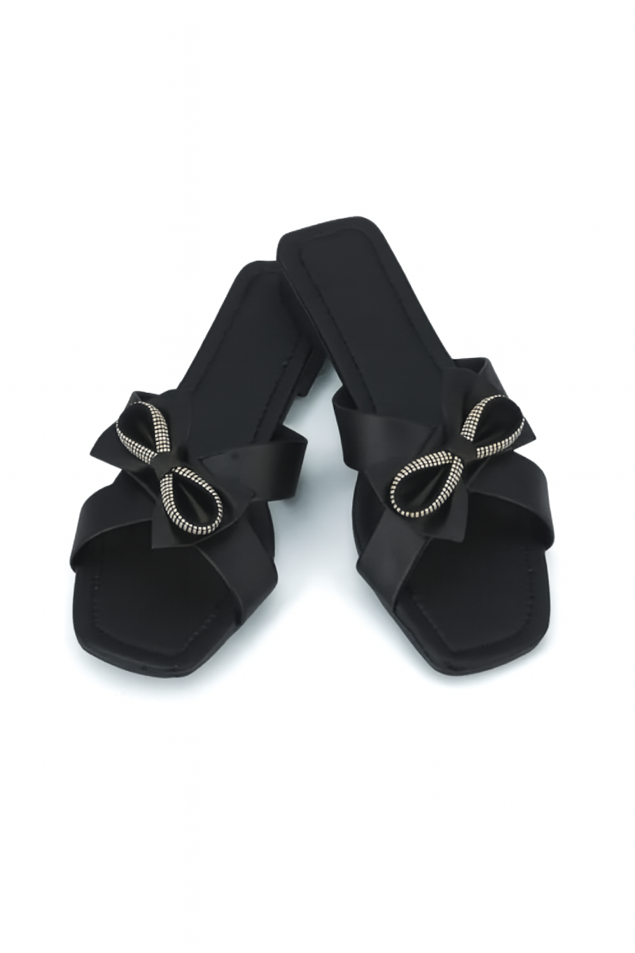 Black Flats with Crystal Bow Detail (Size-8 UK)